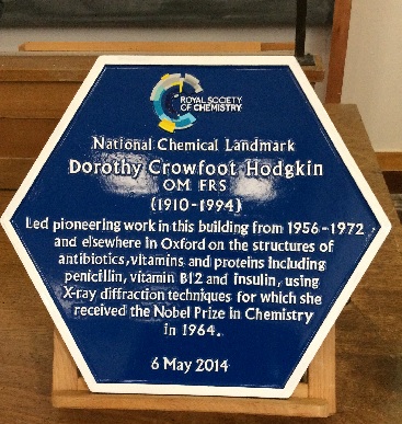 A blue National Chemical Landmark plaque in honour of Dorothy Crowfoot Hodgkin A blue National Chemical Landmark plaque in honour of Dorothy Crowfoot Hodgkin