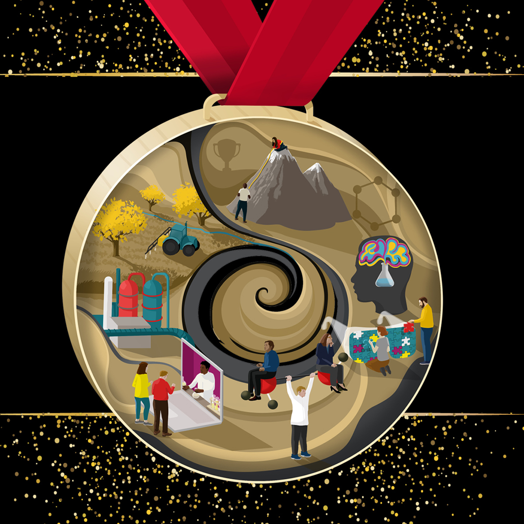 A promo image for RSC Prizes with a massive gold medal hanging from a red ribbon on a black background A promo image for RSC Prizes with a massive gold medal hanging from a red ribbon on a black background