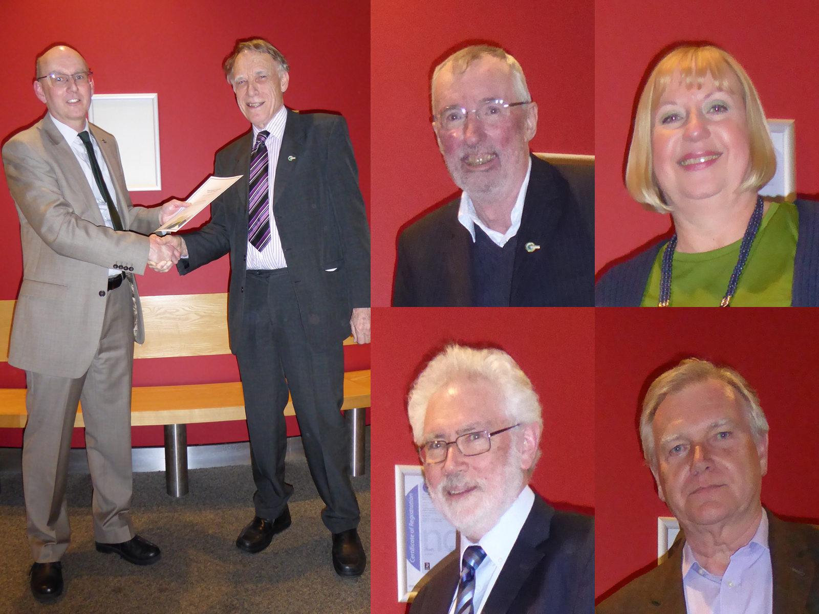 On the left Fred Parrett receives his long service certificate from another man, they are shaking hands. On the right there are headshots of gold badge members John Brennan, Bob Appleton, Judi Beerlin