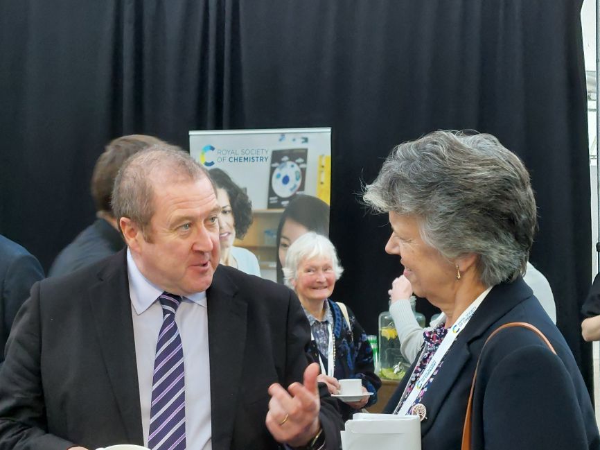 Graeme Dey MSP chats with Professor Gill Reid during a break at Science and the Parliament