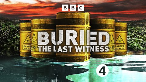 The logo for 'Buried: The Last Witness', which is white text on a background with yellow toxic waste barrels, some weird teal-coloured liquid on the ground and a red sky
