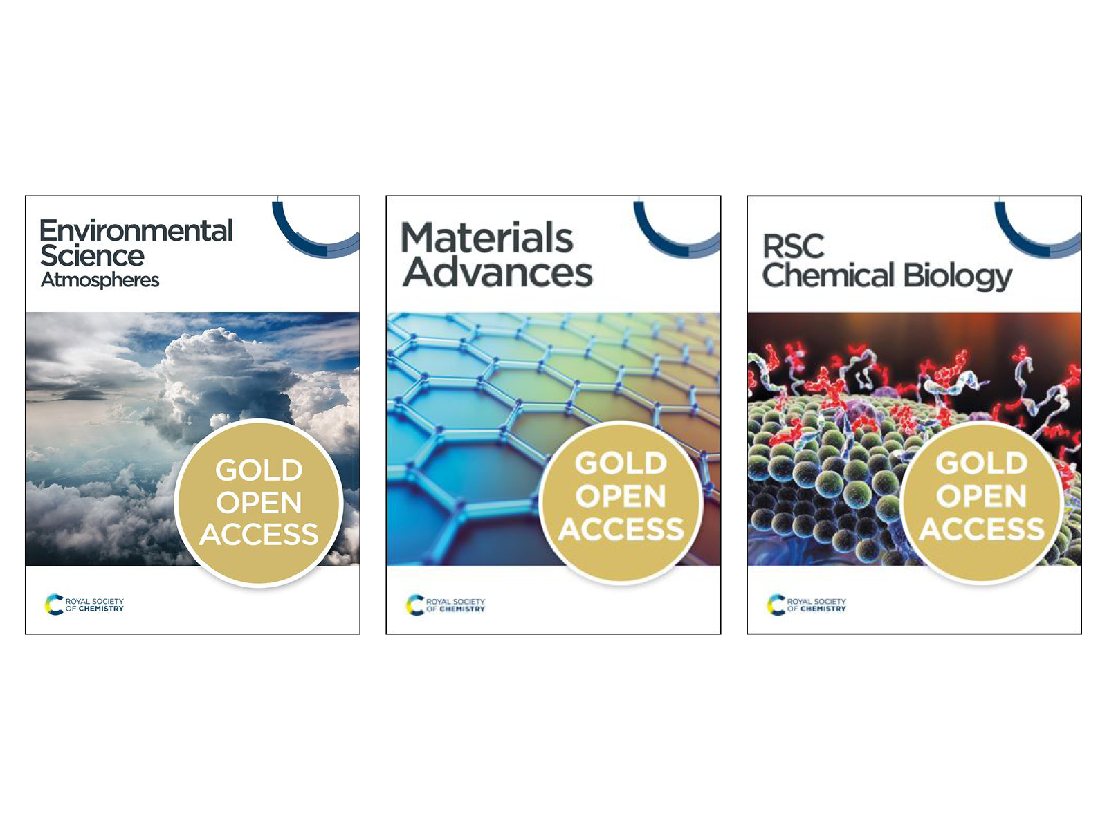 The front covers of RSC Chemical Biology, Environmental Sciences: Atmospheres, and Materials Advances