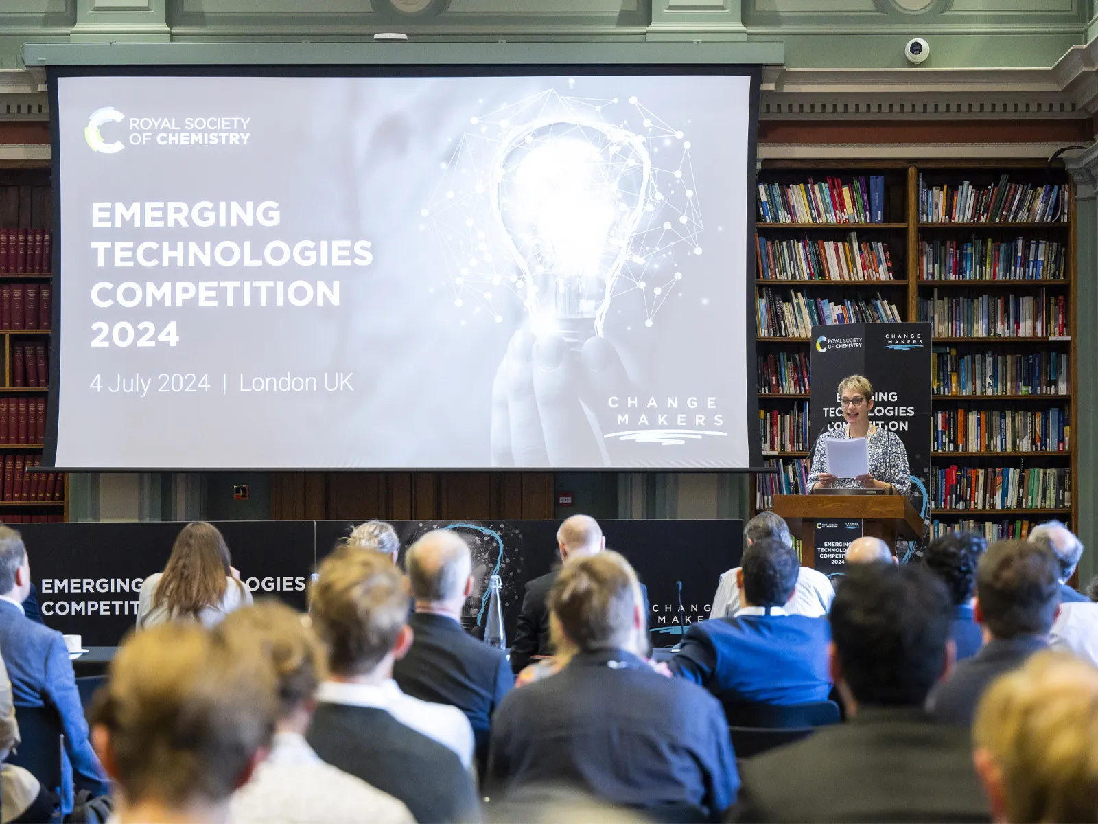Jo Reynolds, Director of Science and Communities for the RSC, gives a speech during the Emerging Technologies Competition final at Burlington House