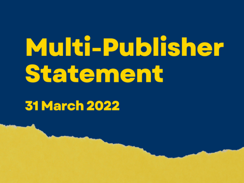 Multi-publisher Ukraine statement banner with blue and yellow background Multi-publisher Ukraine statement banner with blue and yellow background