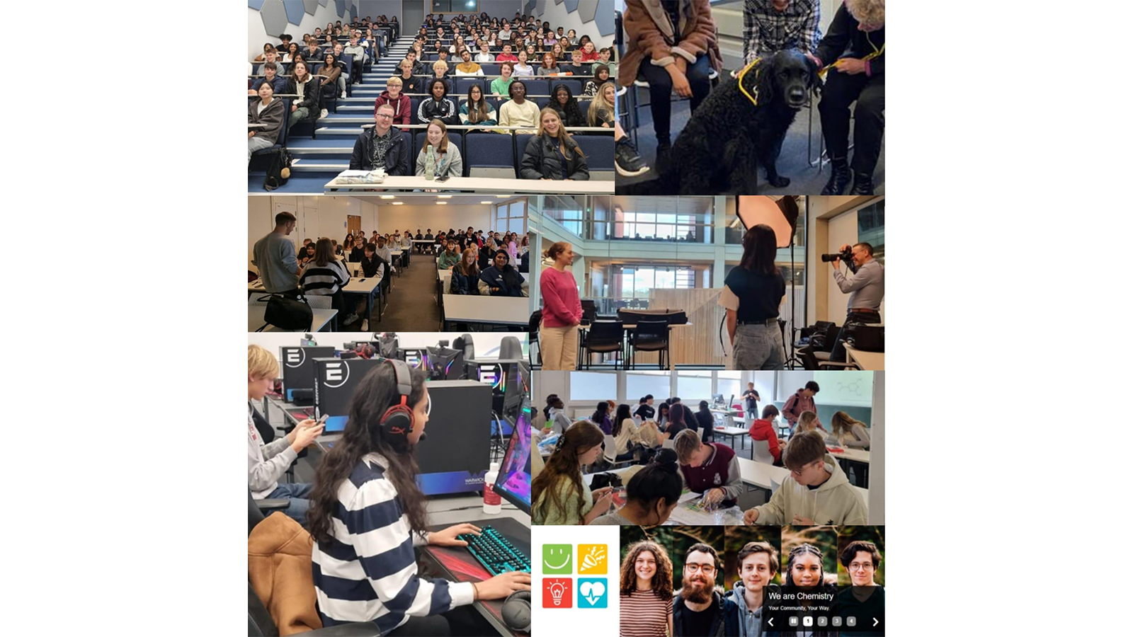 a collage of photos of groups of people listening to seminars, working at computers and networking