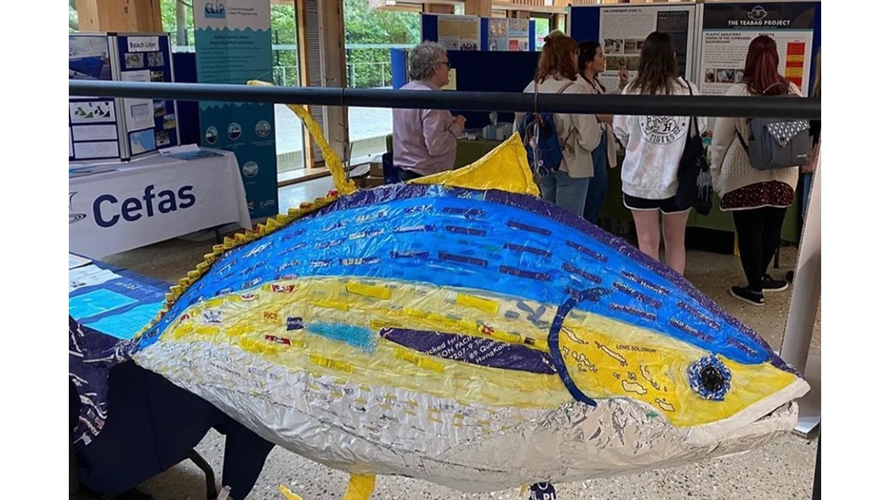 A two-metre tuna made from plastic waste, watching over the Cefas exhibit. A two-metre tuna made from plastic waste, watching over the Cefas exhibit.