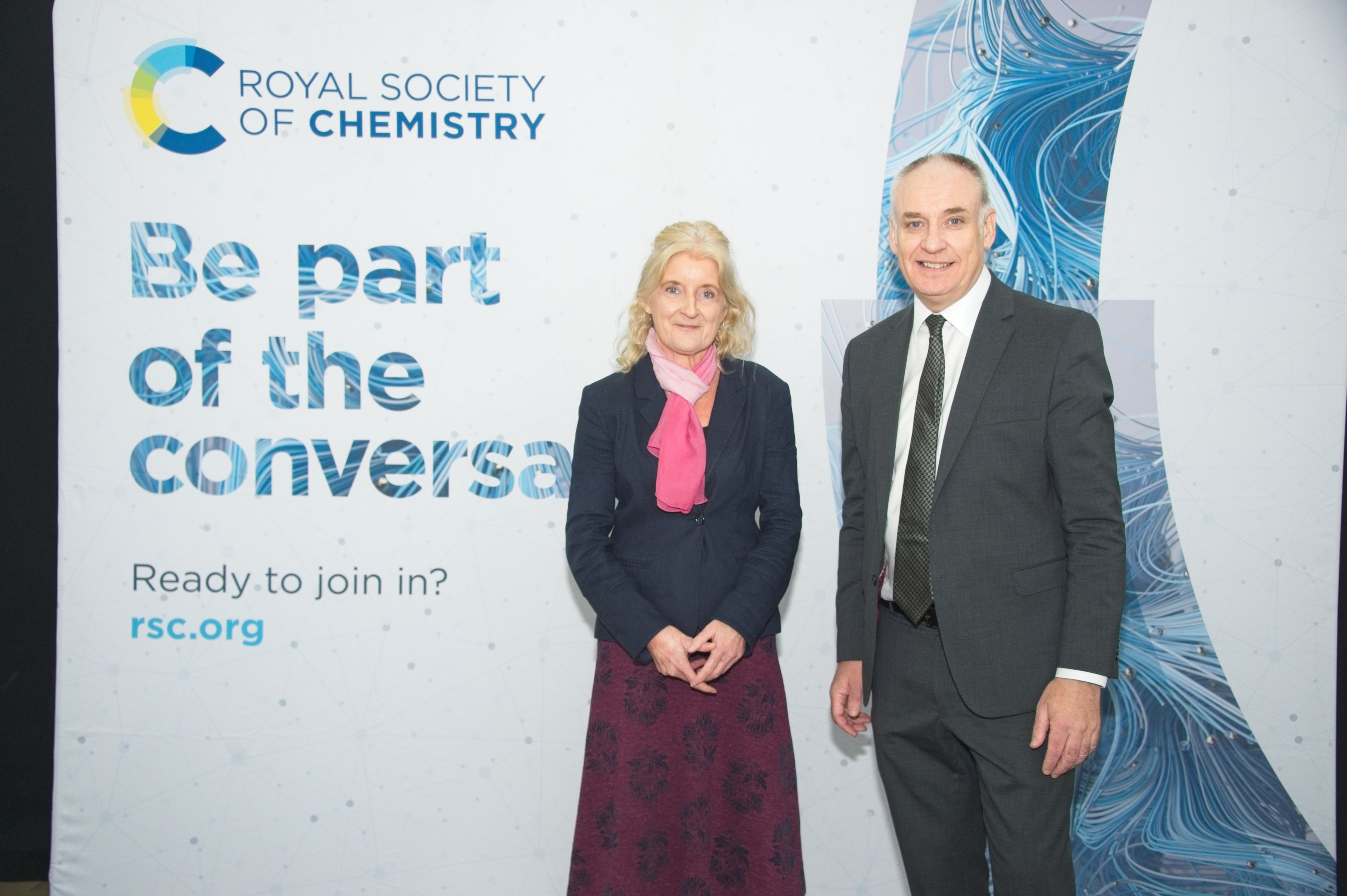 RSC President Dr Annette Doherty and Scottish Minister for Business Richard Lochhead MSP stand in front of an RSC banner at Our Dynamic Earth, Edinburgh RSC President Dr Annette Doherty and Scottish Minister for Business Richard Lochhead MSP stand in front of an RSC banner at Our Dynamic Earth, Edinburgh