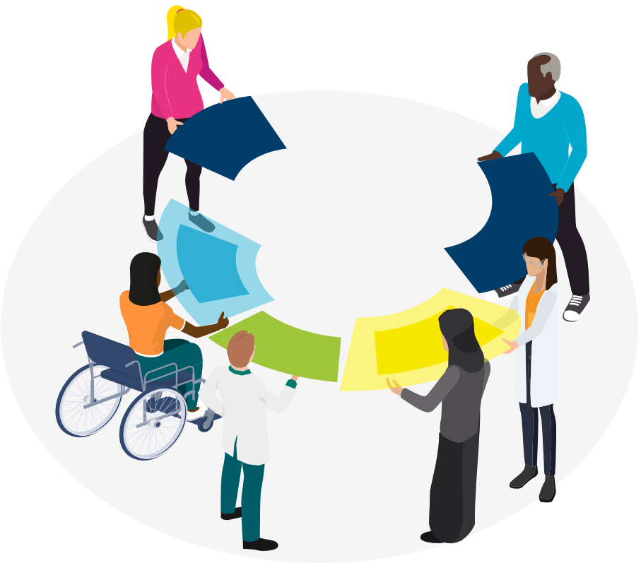 A digitally illustrated image of people in a circle holding pieces of colour to make the RSC logo A digitally illustrated image of people in a circle holding pieces of colour to make the RSC logo