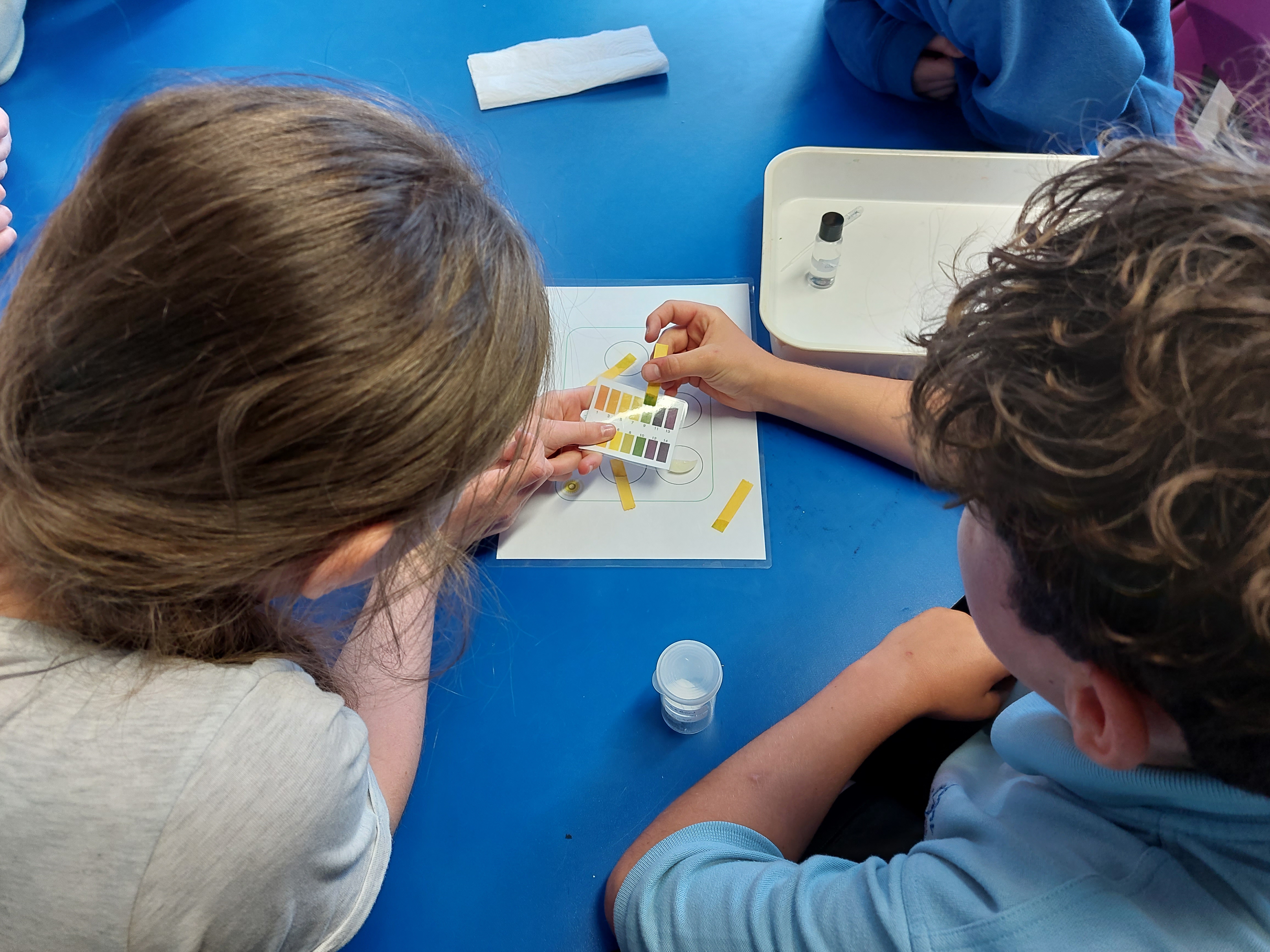 Two children compare a litmus strip with a colour chart.