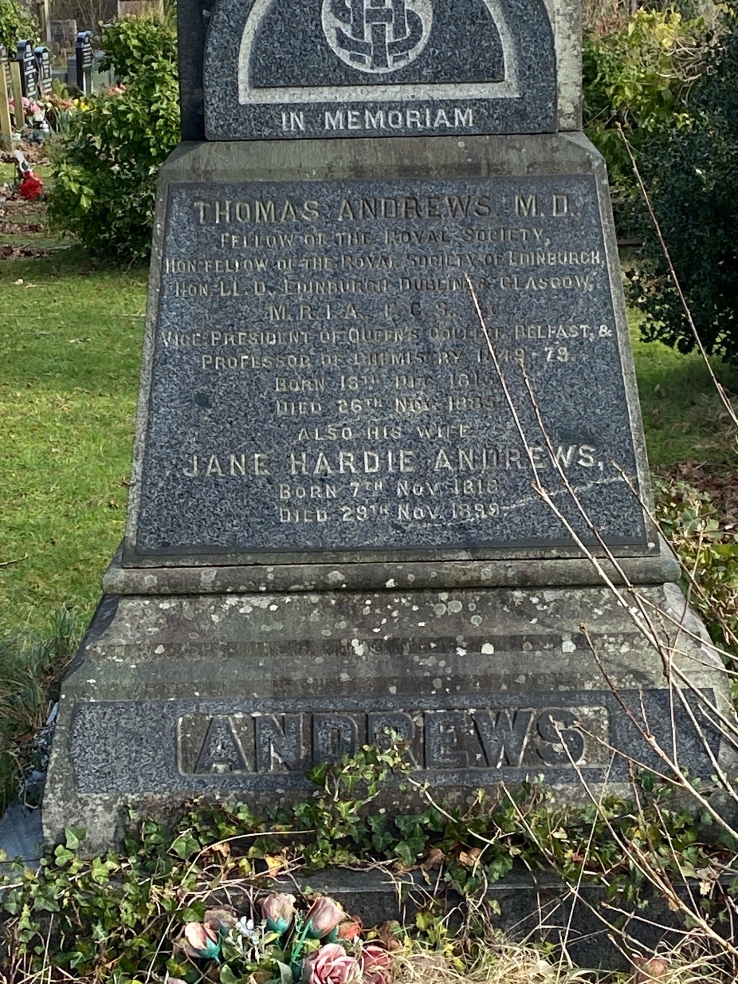 The wording on the base of Thomas Andrews' grave was difficult to read due to dirt filling the engravings