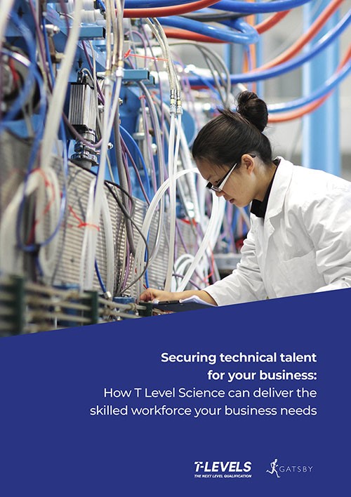 The cover of the new resource, 'Securing technical talent for your business', featuring a woman in a white coat working with some equipment above a blue section that contains the name of the report The cover of the new resource, 'Securing technical talent for your business', featuring a woman in a white coat working with some equipment above a blue section that contains the name of the report