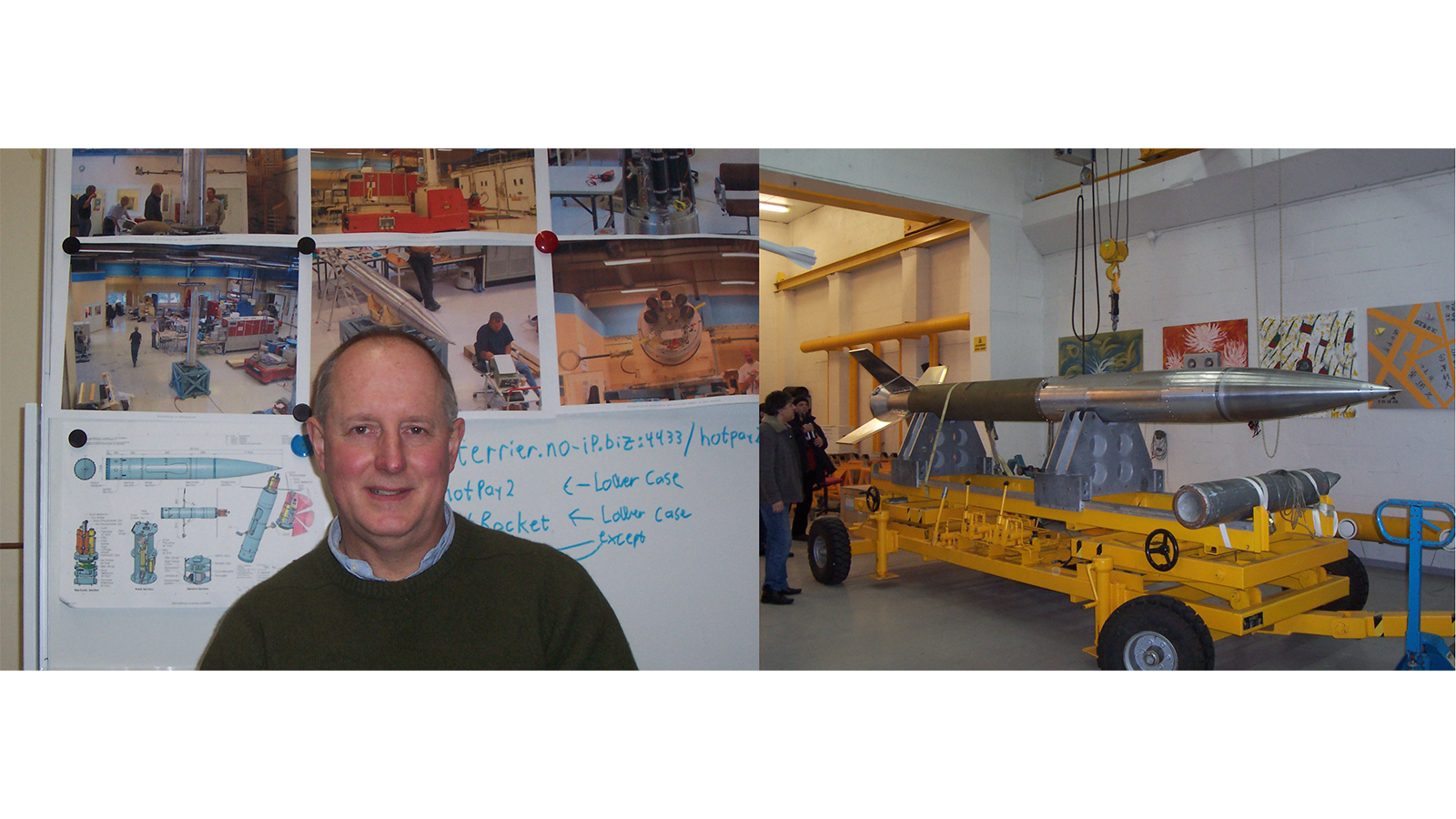 Professor John Plane standing in front of a white board and large vehicle