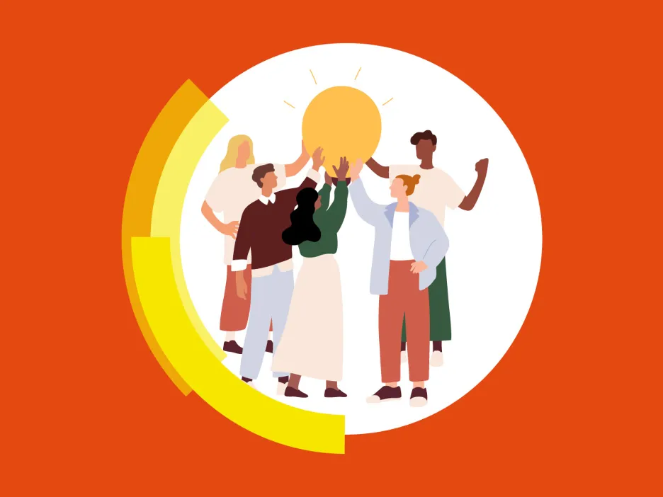 Report cover - cartoon graphic of mixed genders and races touching a light bulb