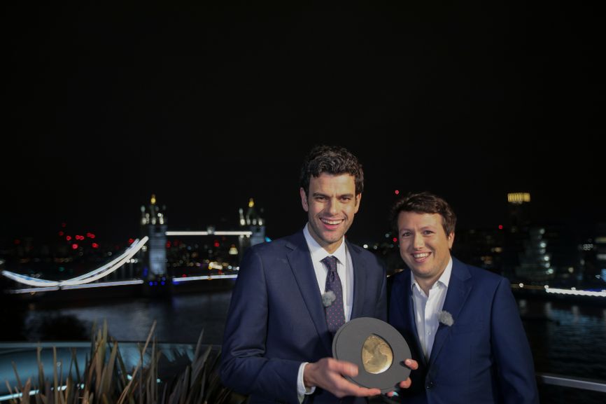 Notpla co-founders Rodrigo Garcia Gonzalez and Pierre Paslier stand on a hotel balcony with the Earthshot Prize trophy, with London's Tower Bridge in the background Notpla co-founders Rodrigo Garcia Gonzalez and Pierre Paslier stand on a hotel balcony with the Earthshot Prize trophy, with London's Tower Bridge in the background