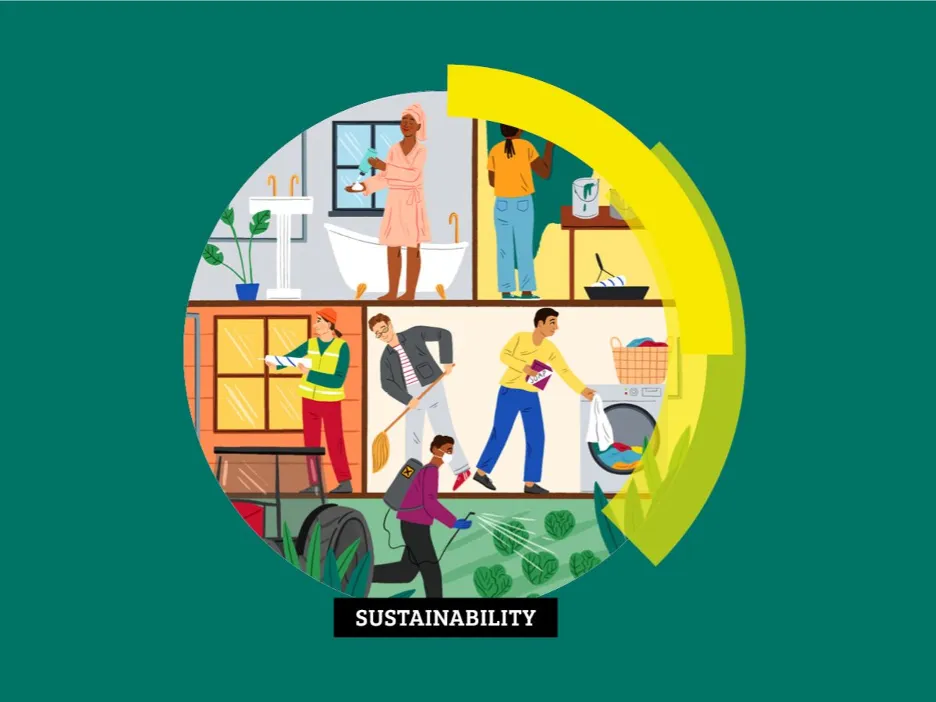 Illustration of people engaged in household tasks.