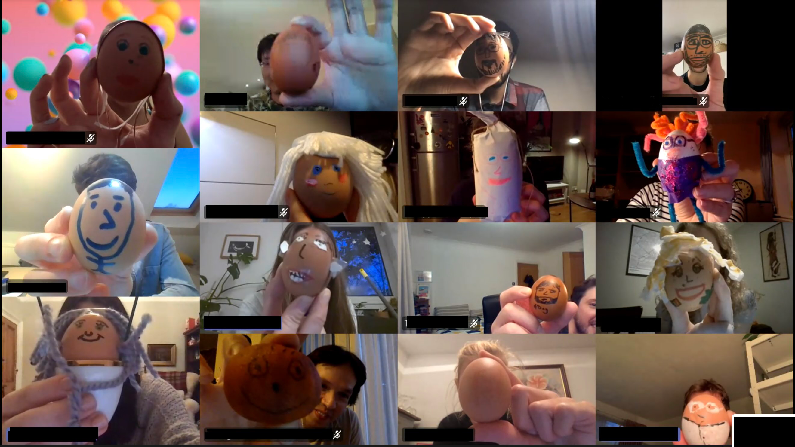 A photo collage of people holding eggs painted with faces on a zoom call involving Professor Kim Jelfs
