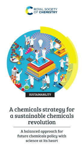 The front cover of the RSC's Sustainable Chemicals Strategy report, which features scientists in white coats working on a blue background, with each scientist doing an experiment, talking or working The front cover of the RSC's Sustainable Chemicals Strategy report, which features scientists in white coats working on a blue background, with each scientist doing an experiment, talking or working