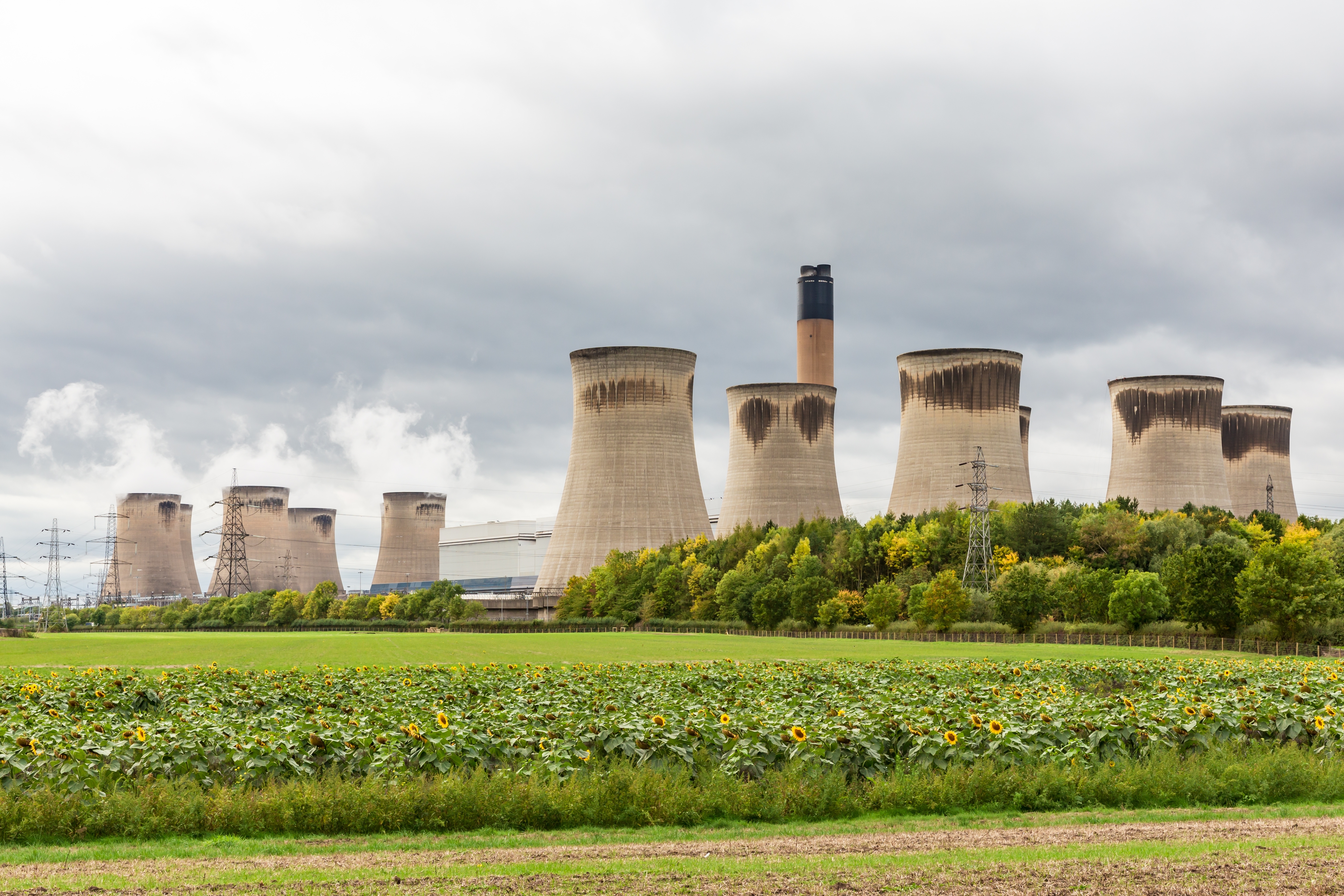 Drax, North Yorkshire, UK. October 4 2022. Drax Power in North Yorkshire with large cooling towers, chimney and electricity pylons, surrounded by forests, green fields and sunflowers. Horizontal.