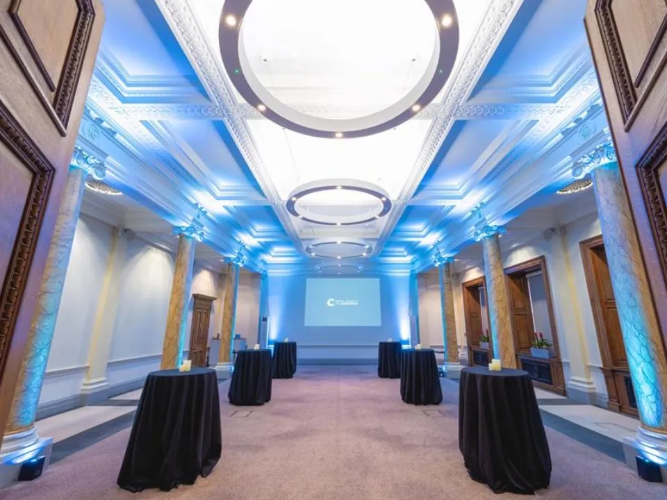 Science room with blue lighting and drinks tables