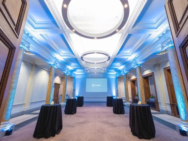 Science room with blue lighting and drinks tables