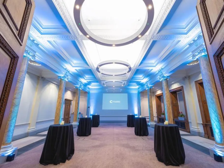 Science room with blue lighting and drinks tables