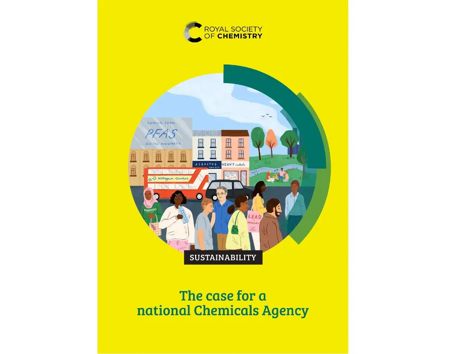 The report cover of the RSC's report, The case for a national Chemicals Agency, features a round graphic in the middle of a yellow front cover. In the picture, various people are interacting with prod