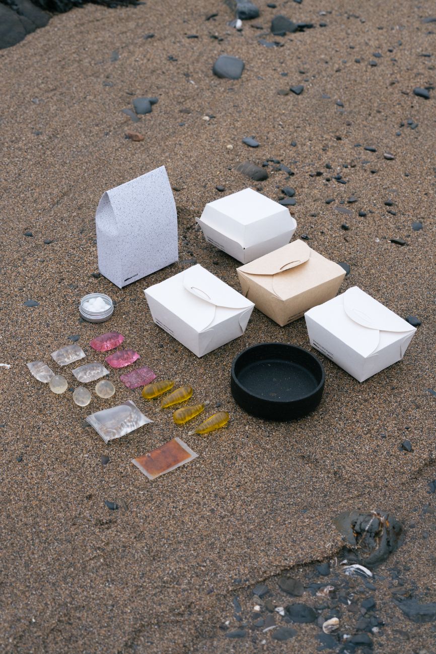 The full array of Notpla products sitting on a bit of ground The full array of Notpla products sitting on a bit of ground