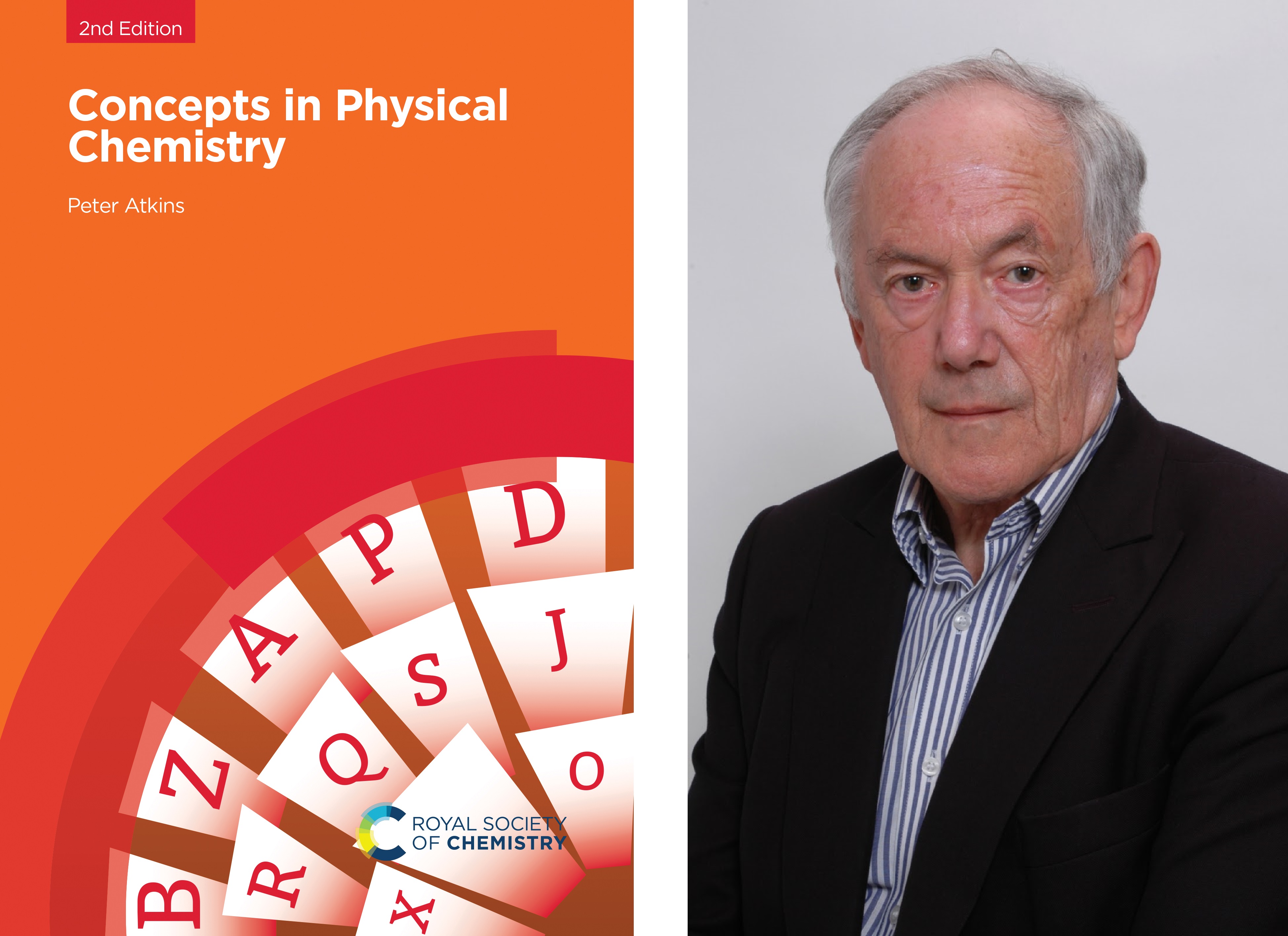 The front cover of the new, second edition of Concepts in Physical Chemistry - which is an orange cover with some letter tiles going around in a quarter circle in the bottom right corner - and right, 