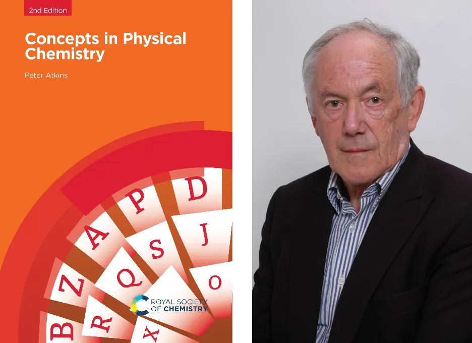 The front cover of the new, second edition of Concepts in Physical Chemistry - which is an orange cover with some letter tiles going around in a quarter circle in the bottom right corner - and right,