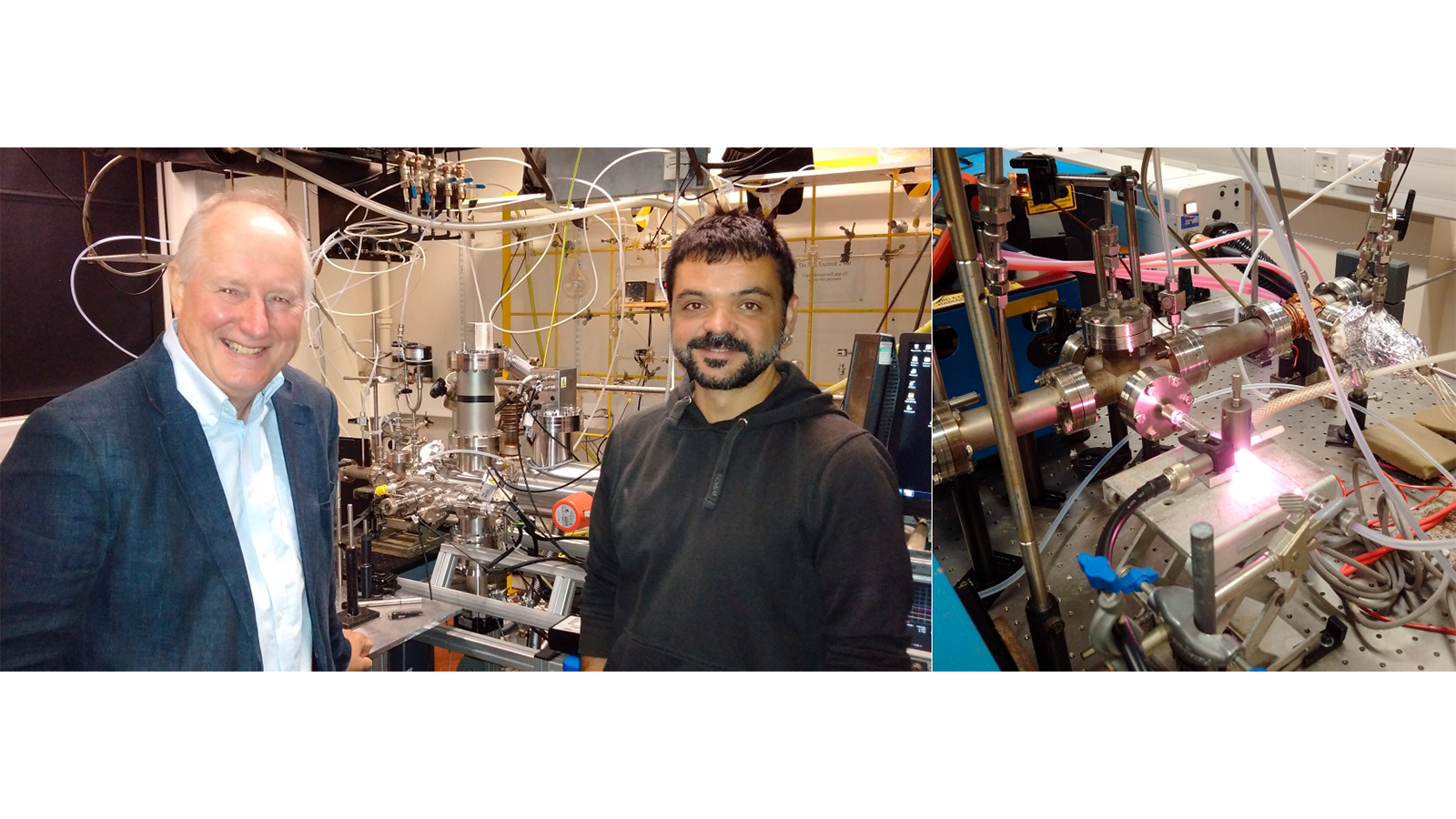 Professor John Plane standing with a colleague in front of a lab machinery