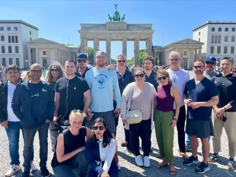 The RSC's Open Access focus group stands in front of Berlin's Brandenburg Gate on a gloriously sunny day