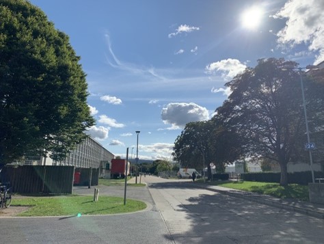 Nandakumar Ravichandran's 'The Sky'  shows a quiet street in what looks like a science part with a blue sky overhead