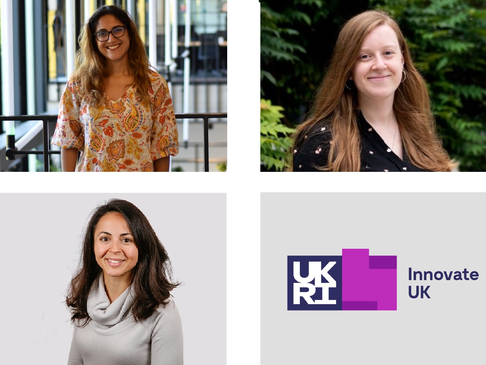 Clockwise from top left: Dr Layla Hosseini-Gerami, Dr Sian Fussell, the Innovate UK logo and Dr Monica Saaverda